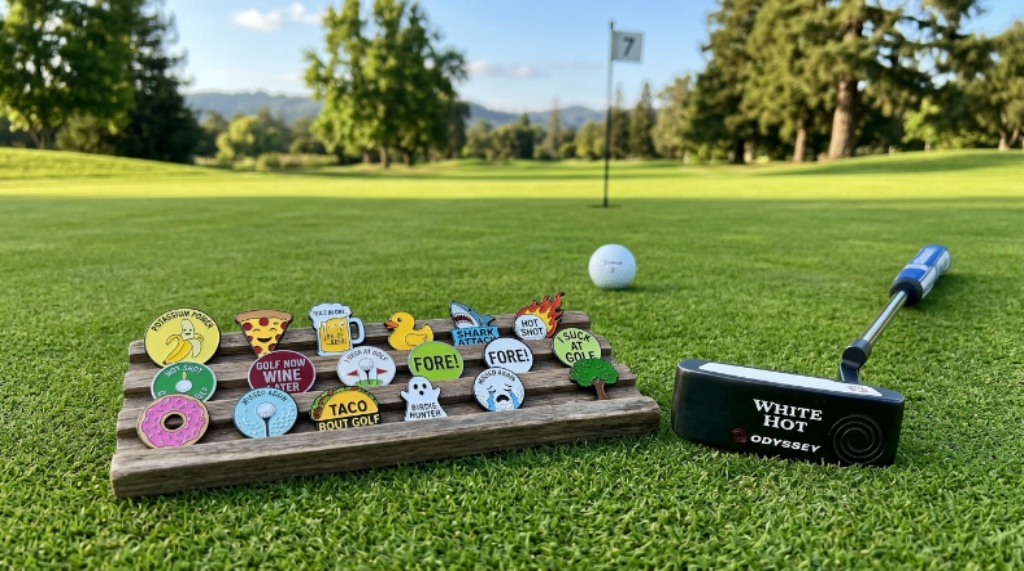 Collection of funny golf ball markers with novelty designs displayed on a golf green beside a putter