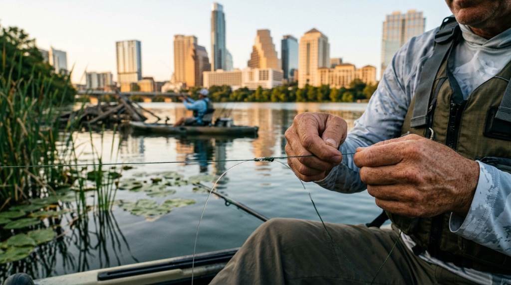 Kayak angler in Austin Texas using a fluoro to braid knot setup while targeting largemouth bass near rocky shoreline
