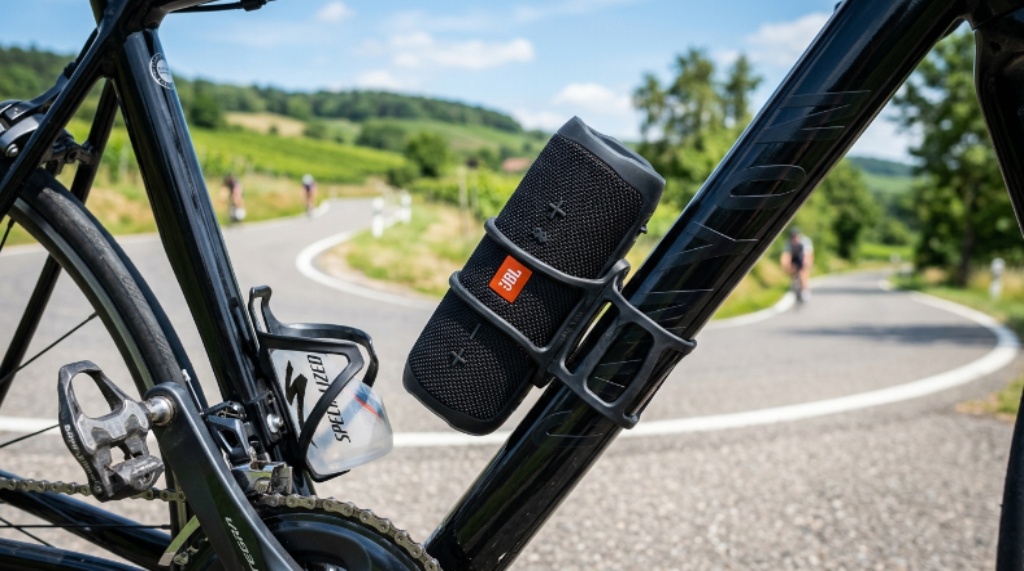 Close-up of a portable Bluetooth speaker attached to a bike frame on a sunny road cycling route