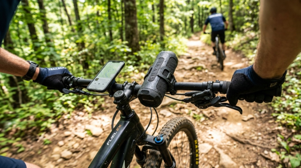 A compact waterproof cycling speaker mounted on bicycle handlebars during an outdoor trail ride