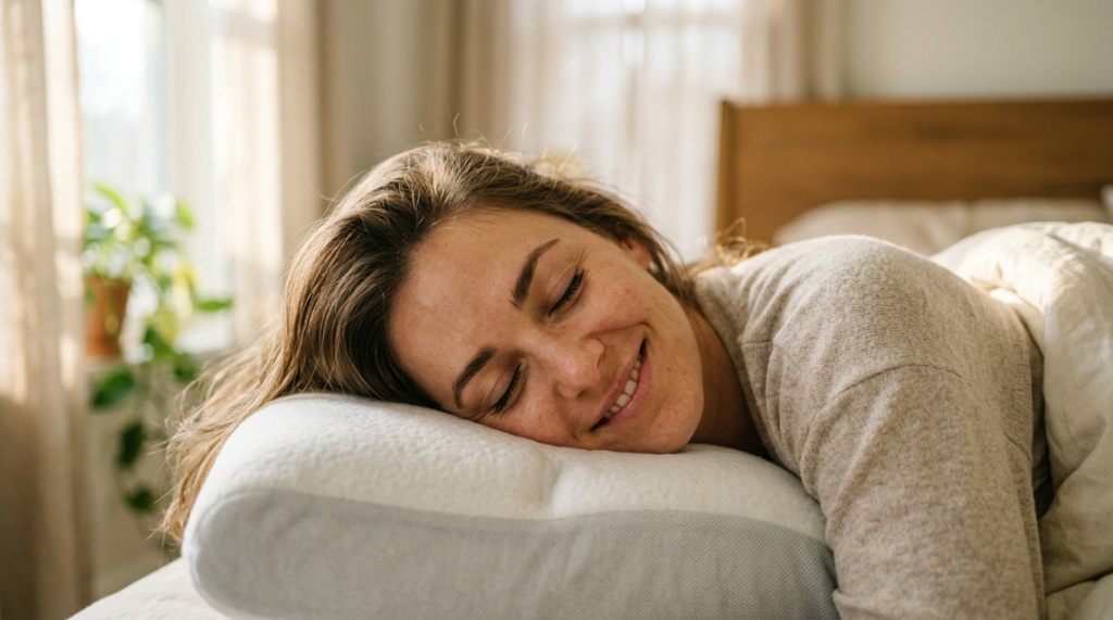 A woman sleeping peacefully on a breathable memory foam pillow in the morning.
