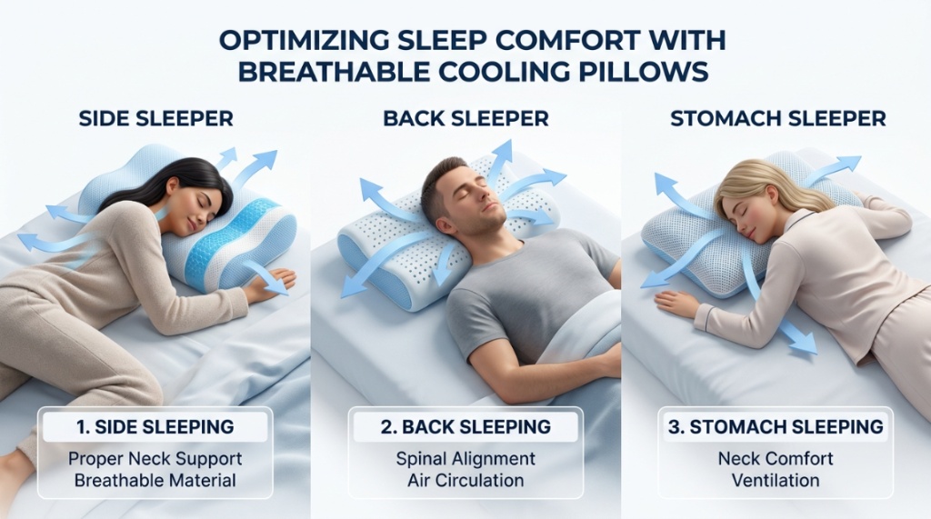 A diagram showing proper pillow support for side back and stomach sleeping positions.