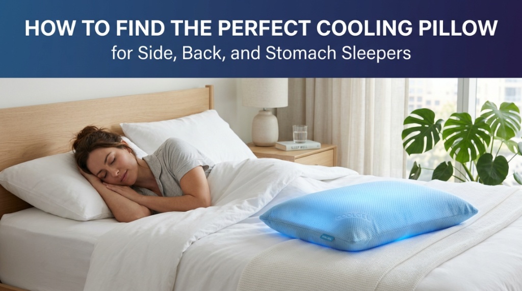 A premium blue cooling gel pillow resting on a white bed with text space.