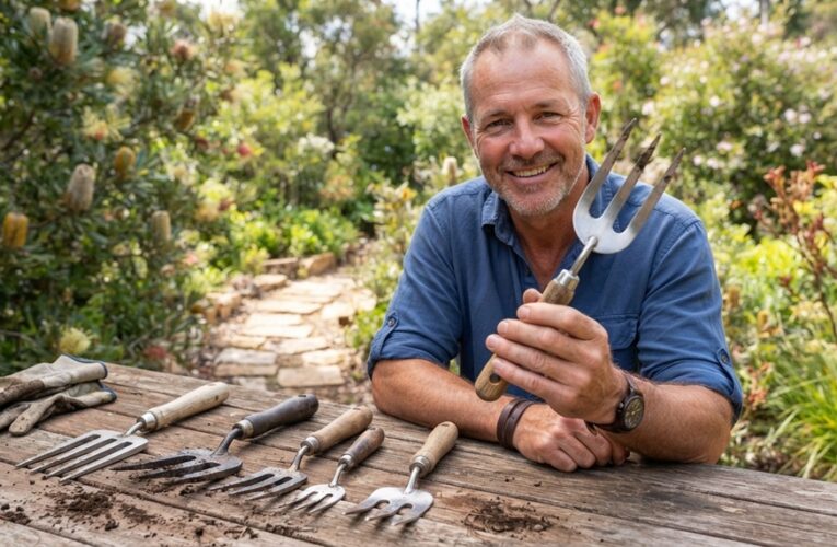 A man holding a stainless steel garden hand fork beside different fork styles outdoors.