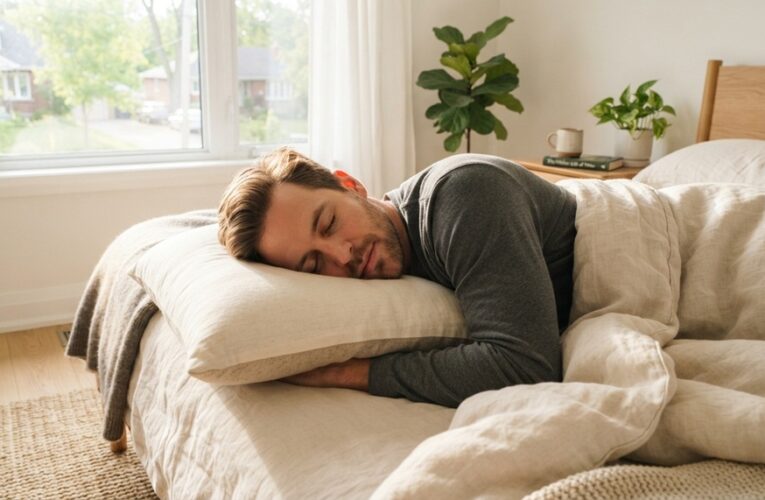 A man sleeping comfortably on a natural buckwheat pillow in a sunlit bedroom.