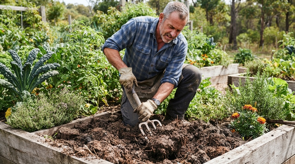 A male gardener using a hand fork to break up dense soil in a raised bed.