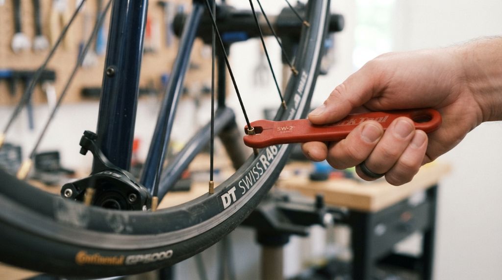 Adjusting bike spokes to improve wheel alignment