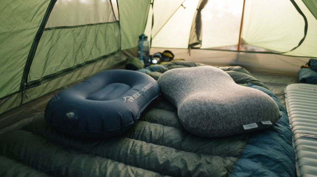 Inflatable and memory foam pillows for outdoor camping