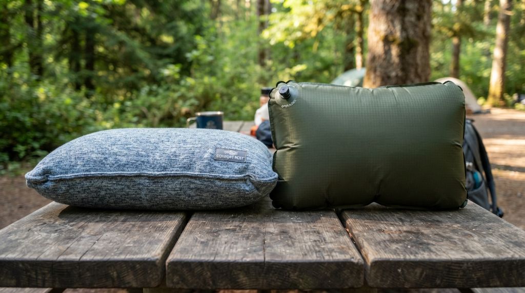Memory foam and inflatable camping pillows side by side