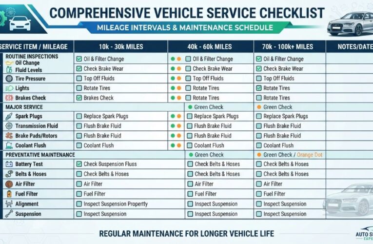 Vehicle service checklist for different mileage intervals