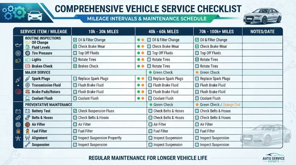 Vehicle service checklist for different mileage intervals