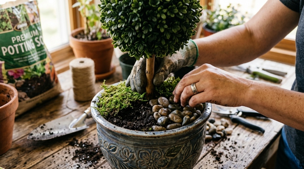 Gardener adding real moss and river rocks around faux potted plants.