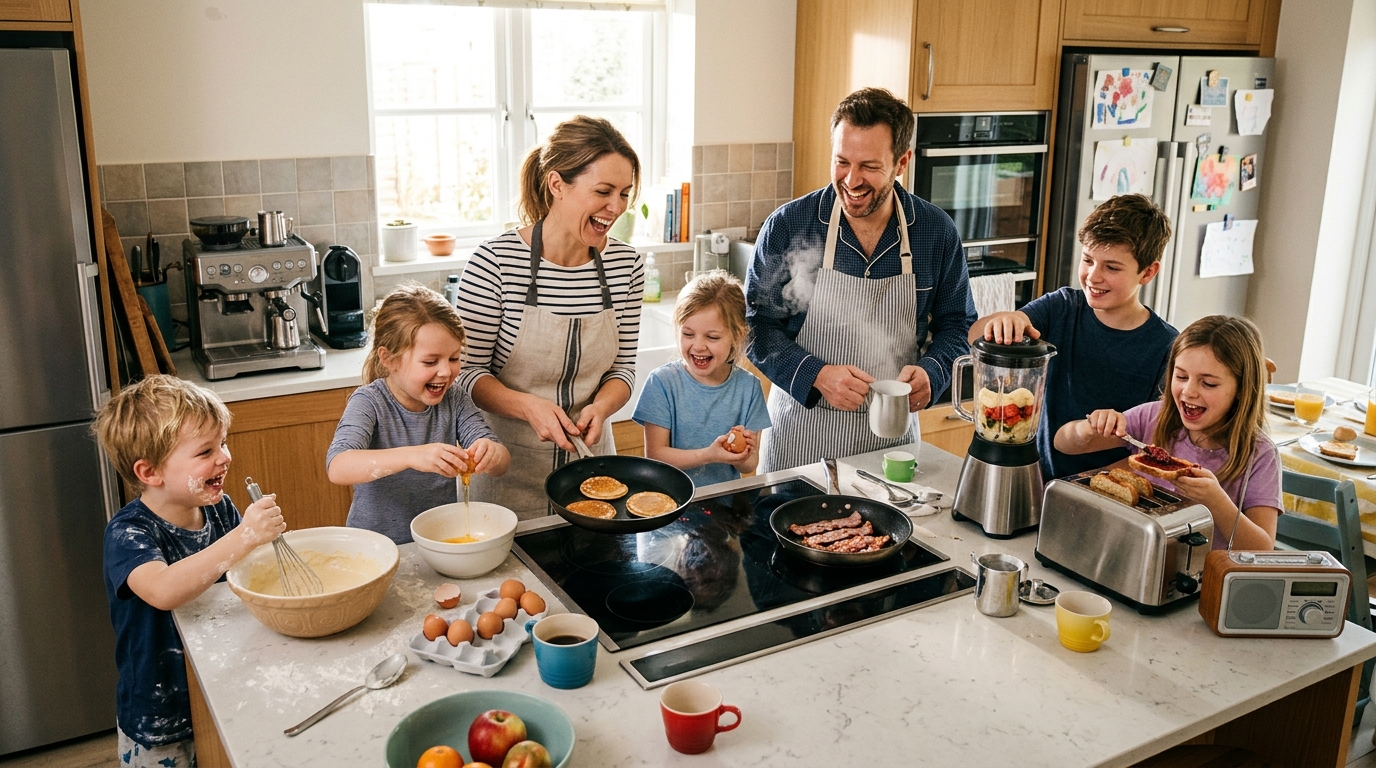 Family cooking breakfast together using modern kitchen appliances in a bright morning kitchen.