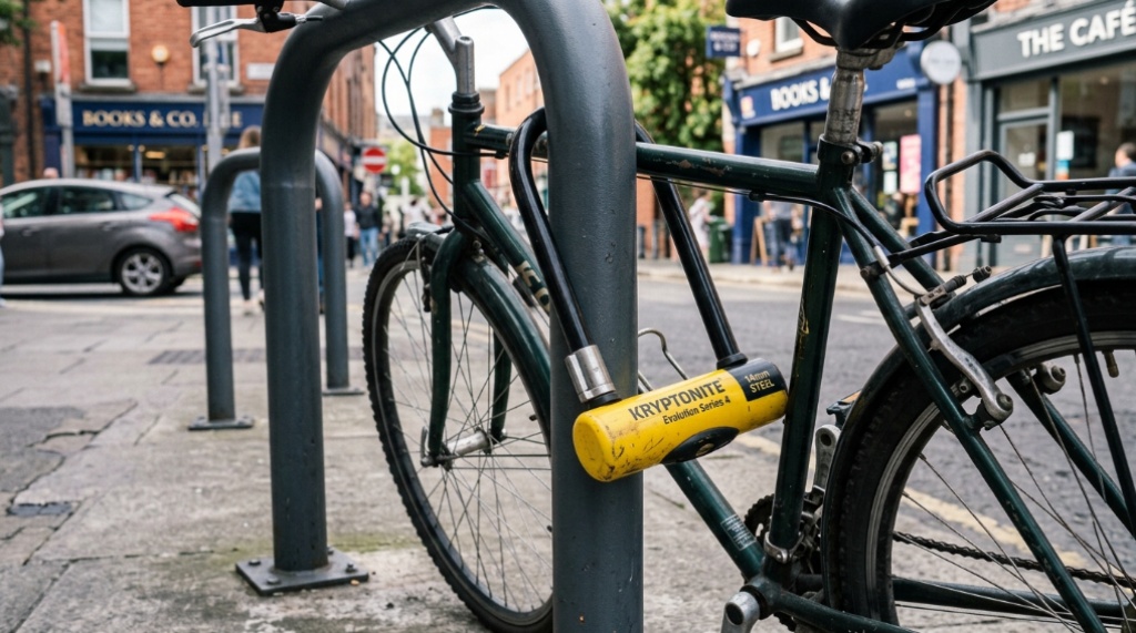 Heavy-duty yellow U-lock securing a city bicycle to a metal rack.
