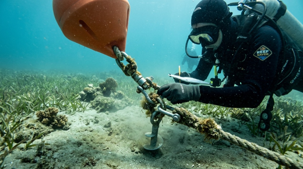 Boat crew carefully lowering an anchor into a sandy ocean bottom area.