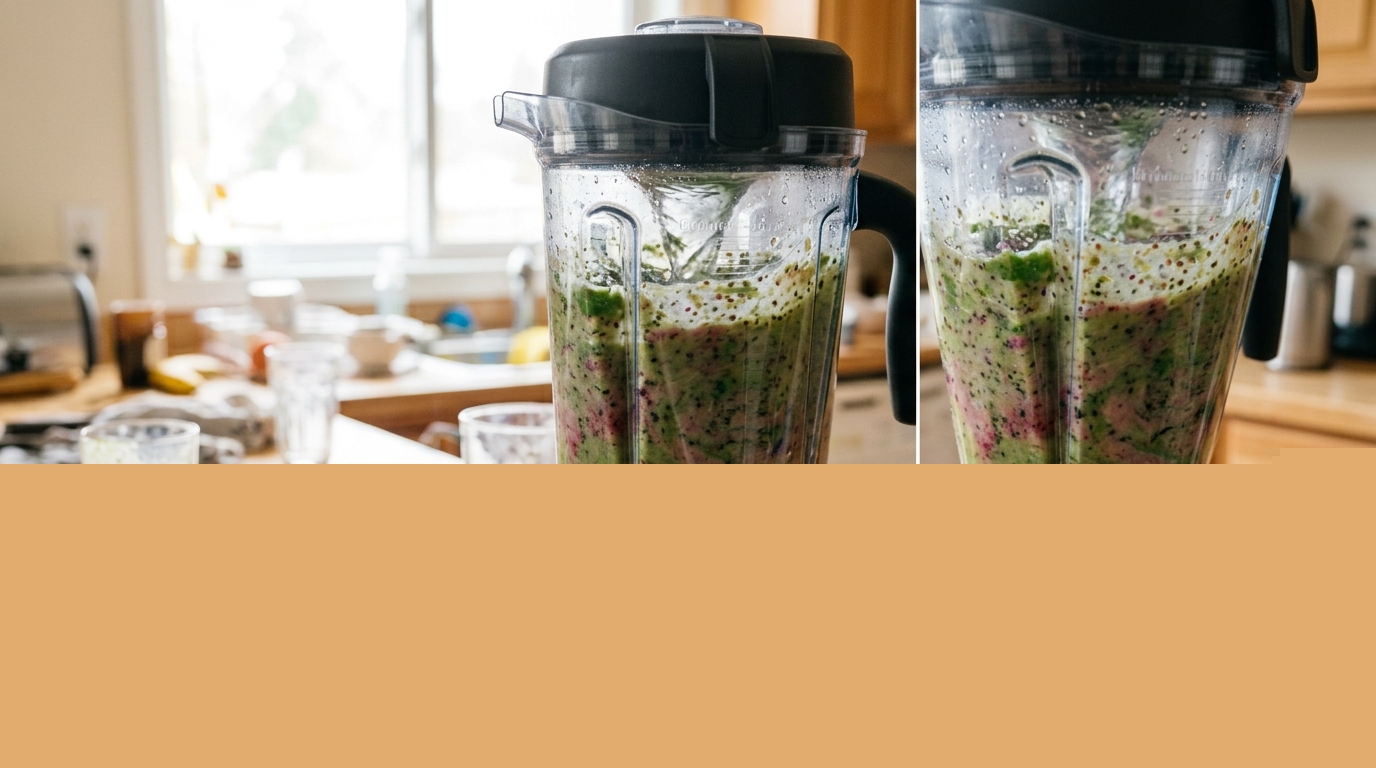 High-speed blender mixing a healthy morning fruit smoothie on a kitchen counter.