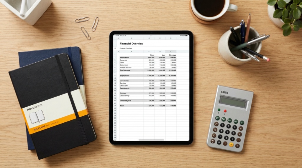Top-down view of organized office supplies and calculator on a wooden desk.