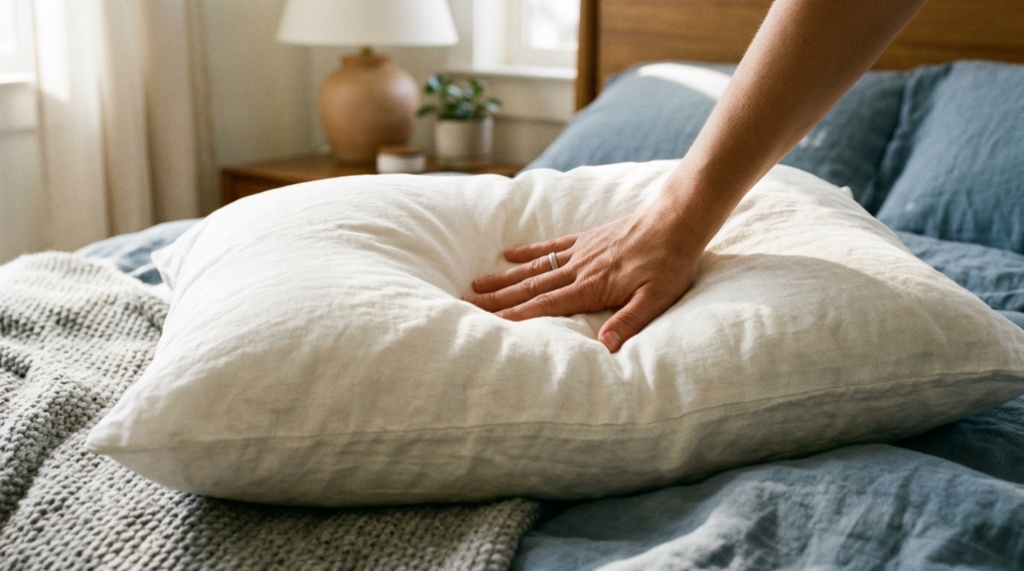 Hands fluffing a clean white bed pillow to demonstrate proper maintenance