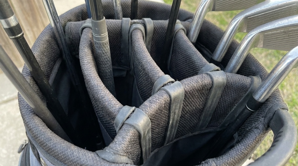 Close-up of rubberized dividers inside a silent golf bag.