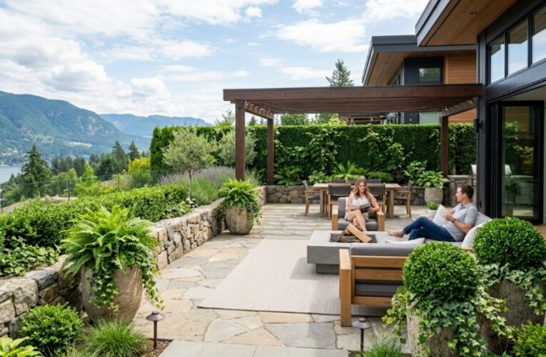 Lush artificial boxwood hedges arranged naturally on a modern sunlit patio deck.