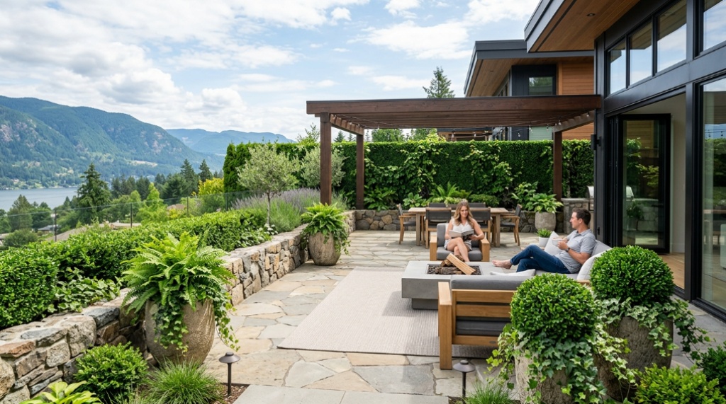 Lush artificial boxwood hedges arranged naturally on a modern sunlit patio deck.