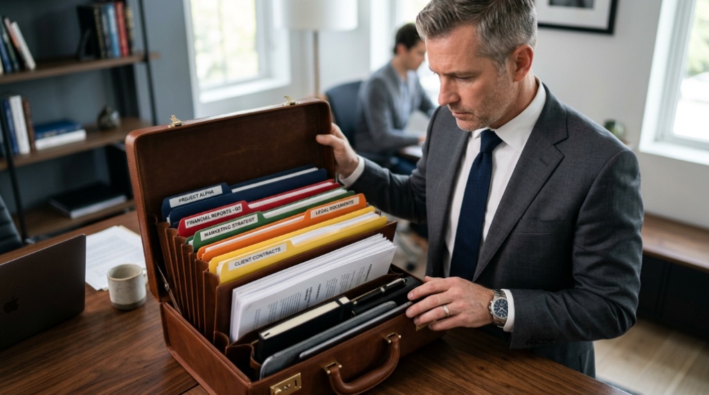 Structured messenger bag standing upright on a modern wooden office desk.