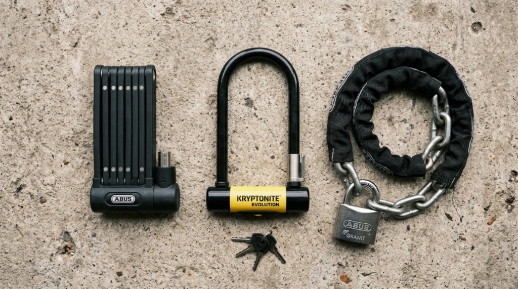 Folding lock, steel chain, and U-lock laid out on concrete
