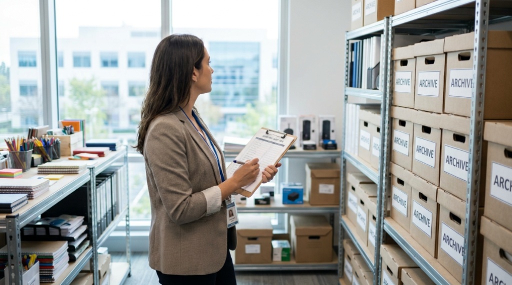 Office manager auditing inventory stock shelves with a clipboard.